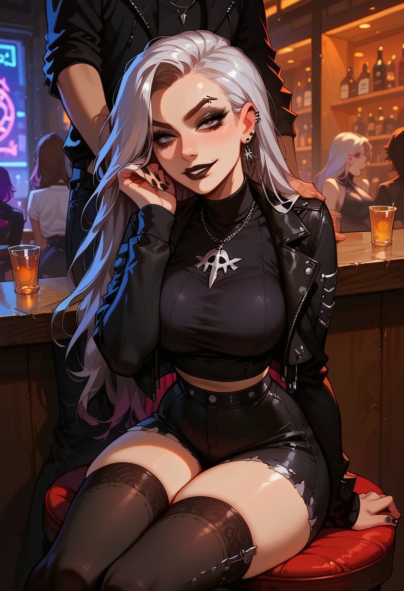 score_9, score_8_up, score_7_up, score_6_up,1girl, face focus, close up, goth, emo, eye shadow, dark brown eyes, detailed eyes, silver hair, devious look, long hair, long sleeves, jacket, shorts, platform heels, thigh highs, black lipstick, sitting at bar, public, downtown city, solo focus, expressiveh, g0thicPXL, smirk, hand brushing hair behind ear, hand on head,