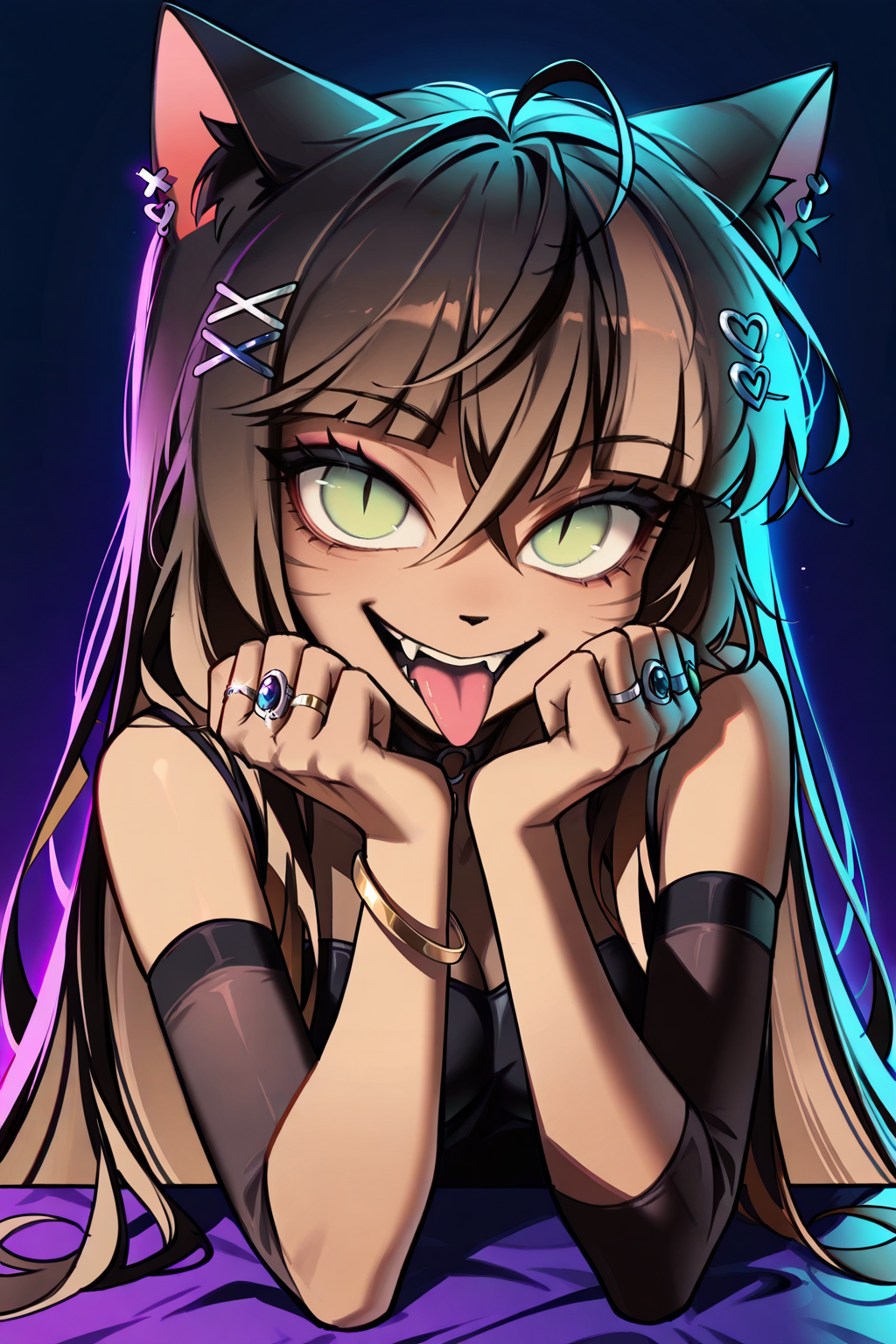 Score_9, score_8_up, score_7_up, masterpiece, best quality, newest, absurdres, highres,kookie, kookie, 1girl, solo, ring, animal ears, jewelry, tongue, cat ears, tongue out, hair ornament, slit pupils, long hair, green eyes, looking at viewer, fangs, bracelet, dark skin