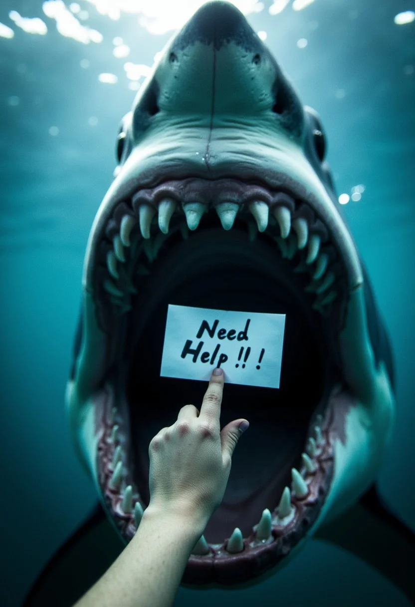 "An extreme close-up of an open shark mouth underwater who is about to bite into the camera. There is a hand coming out from deep inside the sharks mouth which is holding a sign with the following text: 'Need Help!!!'." cineboke, DRK, aidmaHyperrealism.