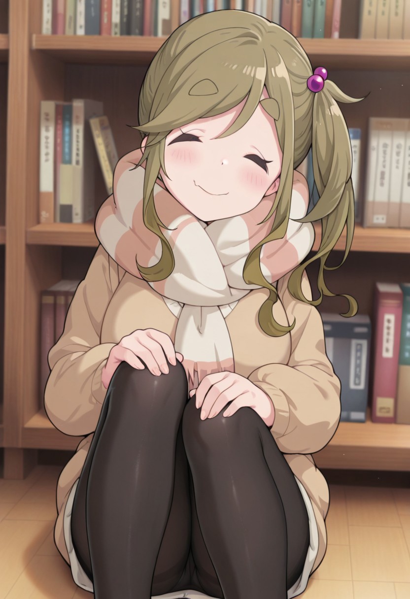 masterpiece,best quality,amazing quality, inuyama aoi, brown hair, long hair, 1girl, scarf, solo, thick eyebrows, closed eyes, smile, side ponytail, pantyhose, skin fang, sitting, fang, bookshelf, hand on own knee, black pantyhose