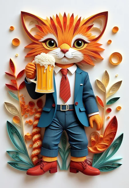 This paper quilling, layered paper creation shows a cat dressed in a suit and tie drinking a beer