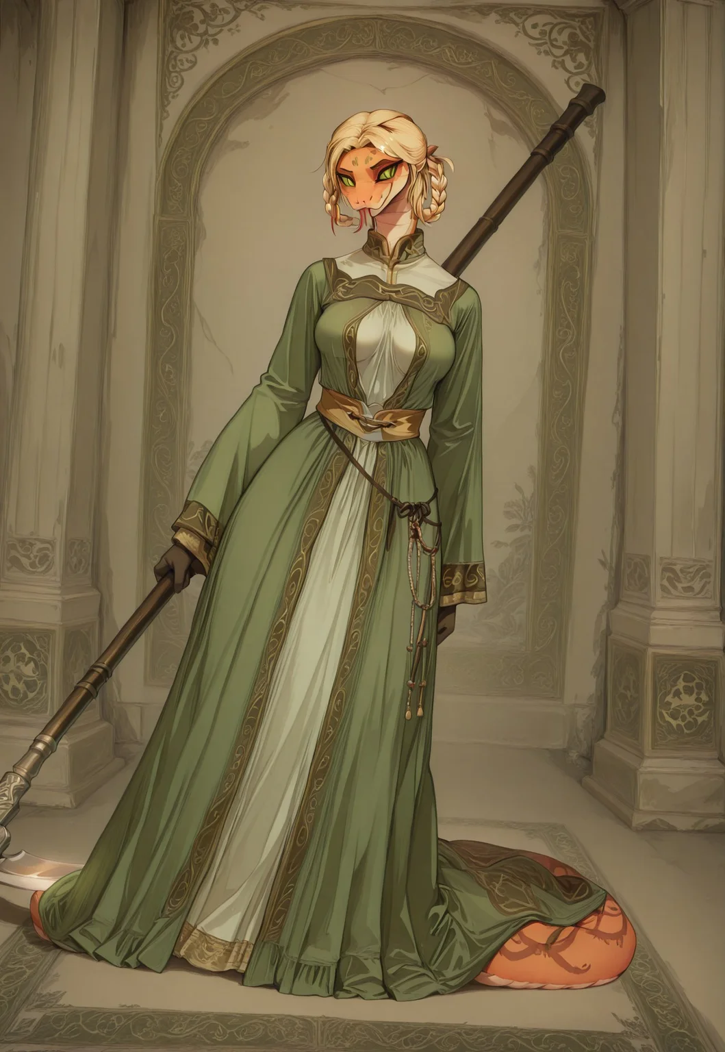 masterpiece,best quality,amazing quality, indoors, pillar
<lora:Anthropomorphic_snakes_Naga:1> anthropomorphic_snakes_(naga), 
ry4, blonde hair, braid, green eyes, braided hair rings, mole under mouth, slit pupils, solo
green dress, wide sleeves
smile, forked tongue, long tongue, tongue out, closed mouth, looking at viewer, grin, smug,
black aura, black energy, blood stain, casting spell, fighting stance, dynamic pose, foreshortening, standing, holding scythe, flaming weapon, menacing, full body,
dynamic pose, dutch angle, dynamic angle
<lora:Rya:1>,  <lora:forkedtongue_Illust_v1:1>,   <lora:Chinoiserie_Illu_Style:1> Chinoiserie, no humans, colored skin, fangs, facial mark, slit pupils, furry, colored sclera, black sclera, snake, scales, furry female, multicolored skin, snake girl, alien, lamia, squama, Snakegirl, Chinoiserie,  <lora:reptiloids_sdxl_v05_495-15-0:0.4> reptiloid, snake head,