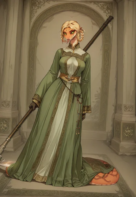 masterpiece,best quality,amazing quality, indoors, pillar
<lora:Anthropomorphic_snakes_Naga:1> anthropomorphic_snakes_(naga),
ry4, blonde hair, braid, green eyes, braided hair rings, mole under mouth, slit pupils, solo
green dress, wide sleeves
smile, forked tongue, long tongue, tongue out, closed mouth, looking at viewer, grin, smug,
black aura, black energy, blood stain, casting spell, fighting stance, dynamic pose, foreshortening, standing, holding scythe, flaming weapon, menacing, full body,
dynamic pose, dutch angle, dynamic angle
<lora:Rya:1>, <lora:forkedtongue_Illust_v1:1>, <lora:Chinoiserie_Illu_Style:1> Chinoiserie, no humans, colored skin, fangs, facial mark, slit pupils, furry, colored sclera, black sclera, snake, scales, furry female, multicolored skin, snake girl, alien, lamia, squama, Snakegirl, Chinoiserie, <lora:reptiloids_sdxl_v05_495-15-0:0.4> reptiloid, snake head,