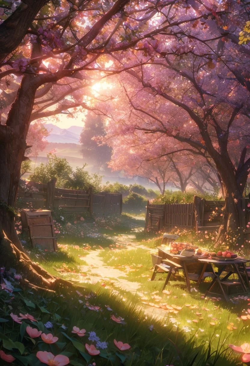 (raytracing, best quality, 8k, high res, masterpiece:1.2, picnic on grass), photorealistic, ultra-detailed, vibrant photography of a picturesque peach orchard at sunset, The trees are heavy with ripe, glistening peaches in shades of red, green, and gold, their leaves a vibrant, healthy green. Sunlight filters through the branches, casting a warm, golden glow over the entire scene. Delicate peach blossoms still cling to some branches, adding a touch of soft pink and white to the landscape. The ground is covered with a lush carpet of grass and wildflowers, with fallen peaches scattered about. A rustic wooden fence borders the orchard, and in the background, rolling hills and distant mountains are bathed in the warm, fading light of the setting sun. A gentle breeze rustles the leaves and carries the sweet scent of apples through the air. This idyllic scene captures the serene beauty and abundance of nature in exquisite detail. (dynamic angle, cinematic lighting, ethereal atmosphere:1.1), (extremely detailed:1.2), (vivid colors:1.3), (perfect composition:1.2), (sharp focus, stunning realism:1.2)