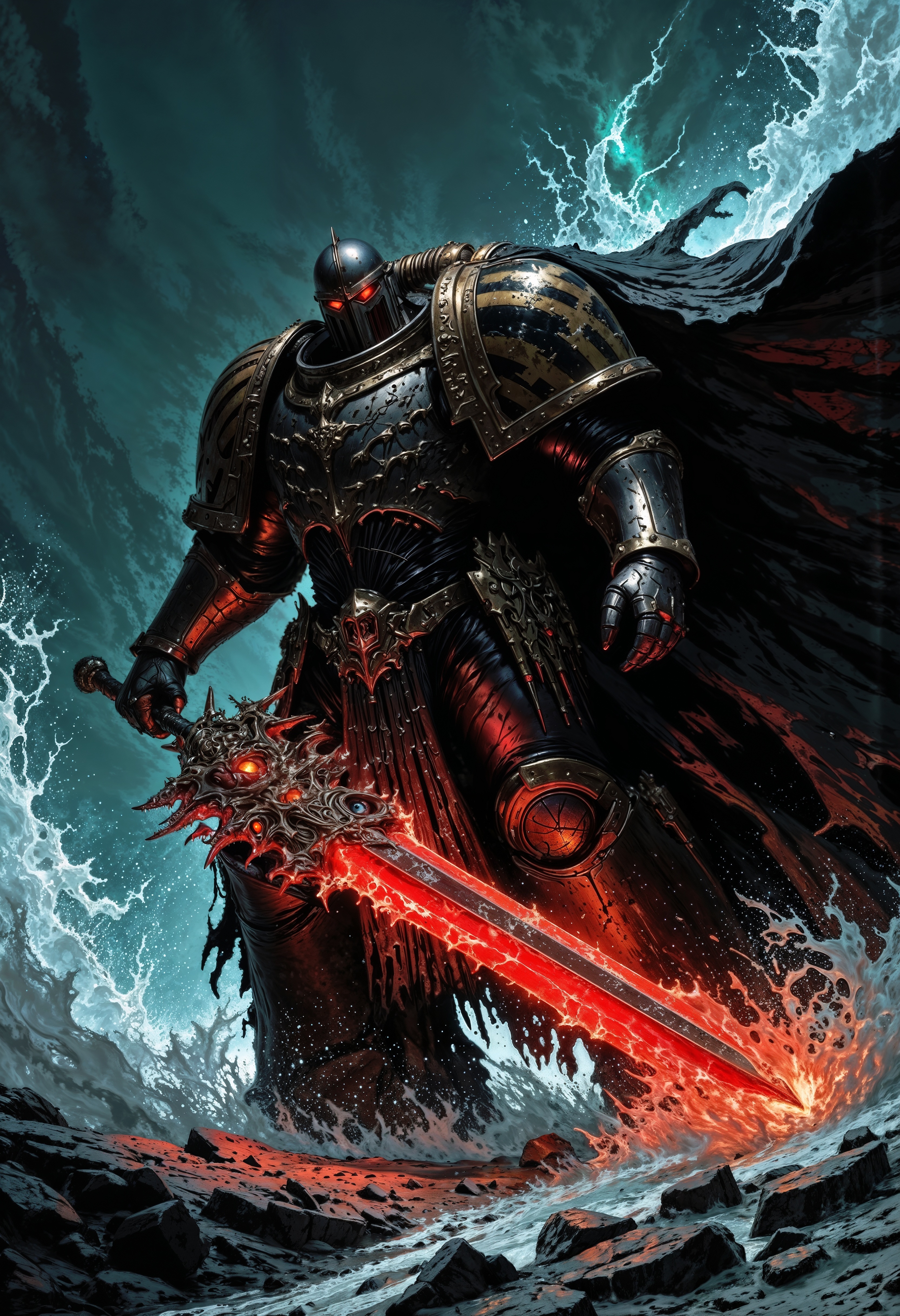 highly detailed magical cinematic scene, Dark, damaged and torn power armored figure with long cape wielding glowing colossal and long red sword amidst cascading water. two glowing magical eyes visible through his helmet. Powerful, dynamic pose engaging in a dramatic action scene. Figure shrouded in steal IronW40k power armor, exuding a mysterious and intense mood. The sword, vibrant turquoise, bursts with ethereal energy, radiating light through the water. Water splashes and sprays dramatically around the figure, creating a forceful and evocative mist-filled background. Mid-action portrayal; colossal sword held in motion with implied movement. Dramatic lighting highlights the figure and sword, emphasizing their presence and power. Water's texture suggests forceful motion, contrasted with smooth dark surface of figure's armor. Epic fantasy style, evocative of cinematic action sequences. Atmospheric and heroic feeling enhanced by the dark and dramatic lighting and water features; a strong sense of adventure and danger pervades the image, shallow depth of field, vignette, highly detailed, bokeh, moody, epic, gorgeous, film grain, grainy,