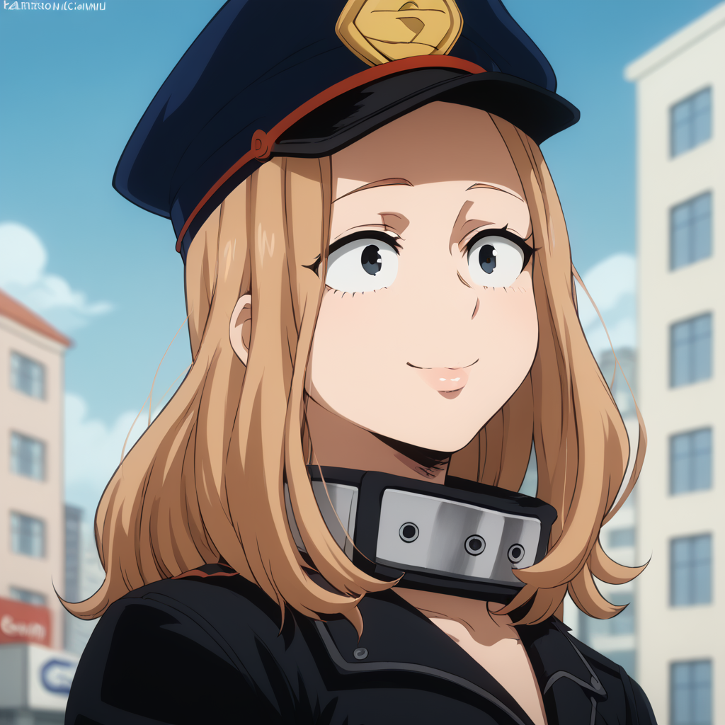 <lora:SlimesCamiUtsushima:1>, score_9, score_8_up, score_7_up, slimes_cami, 1girl, solo, waist up shot, straight on view, smiling, city background