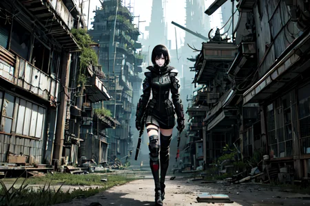 highly insanely detailed, masterpiece, top quality, best quality, highres, 4k, 8k, RAW photo, (very aesthetic, beautiful and aesthetic),
tsutomu nihei,nihei_tsutomu,blame!,blame gakuen!,abara,TNstyle,sidonia_no_kishi,wire,drainpipe,futuristic,science fiction,empty,blm,no human,vast scenery,perspective,open space,decrepit,cyberpunk,dystopia,destroyed,flock,
<lora:ABARA:0.3>,
(1girl:1.3),
solo focus,
Intricately Detailed Cinematic Bamboo forest,âââ
