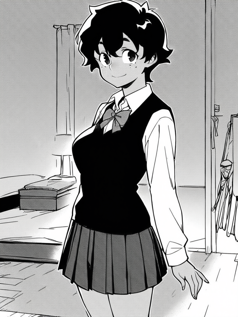 score_9, score_8_up, score_7_up,  
1girl,  monochrome, Seiko ee, medium hair, black hair, tan, black eyes, large breasts, freckles,
standing, smile, closed mouth, looking at viewer, bedroom, solo, 

school uniform, pleated skirt, white shirt, long sleeves, bowtie, black sweater vest, 