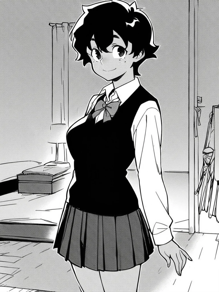 score_9, score_8_up, score_7_up,  
1girl,  monochrome, Seiko ee, medium hair, black hair, tan, black eyes, large breasts, freckles,
standing, smile, closed mouth, looking at viewer, bedroom, solo, 

school uniform, pleated skirt, white shirt, long sleeves, bowtie, black sweater vest, 