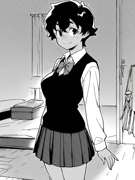 score_9, score_8_up, score_7_up,  
1girl,  monochrome, Seiko ee, medium hair, black hair, tan, black eyes, large breasts, freckles,
standing, smile, closed mouth, looking at viewer, bedroom, solo, 

school uniform, pleated skirt, white shirt, long sleeves, bowtie, black sweater vest, 