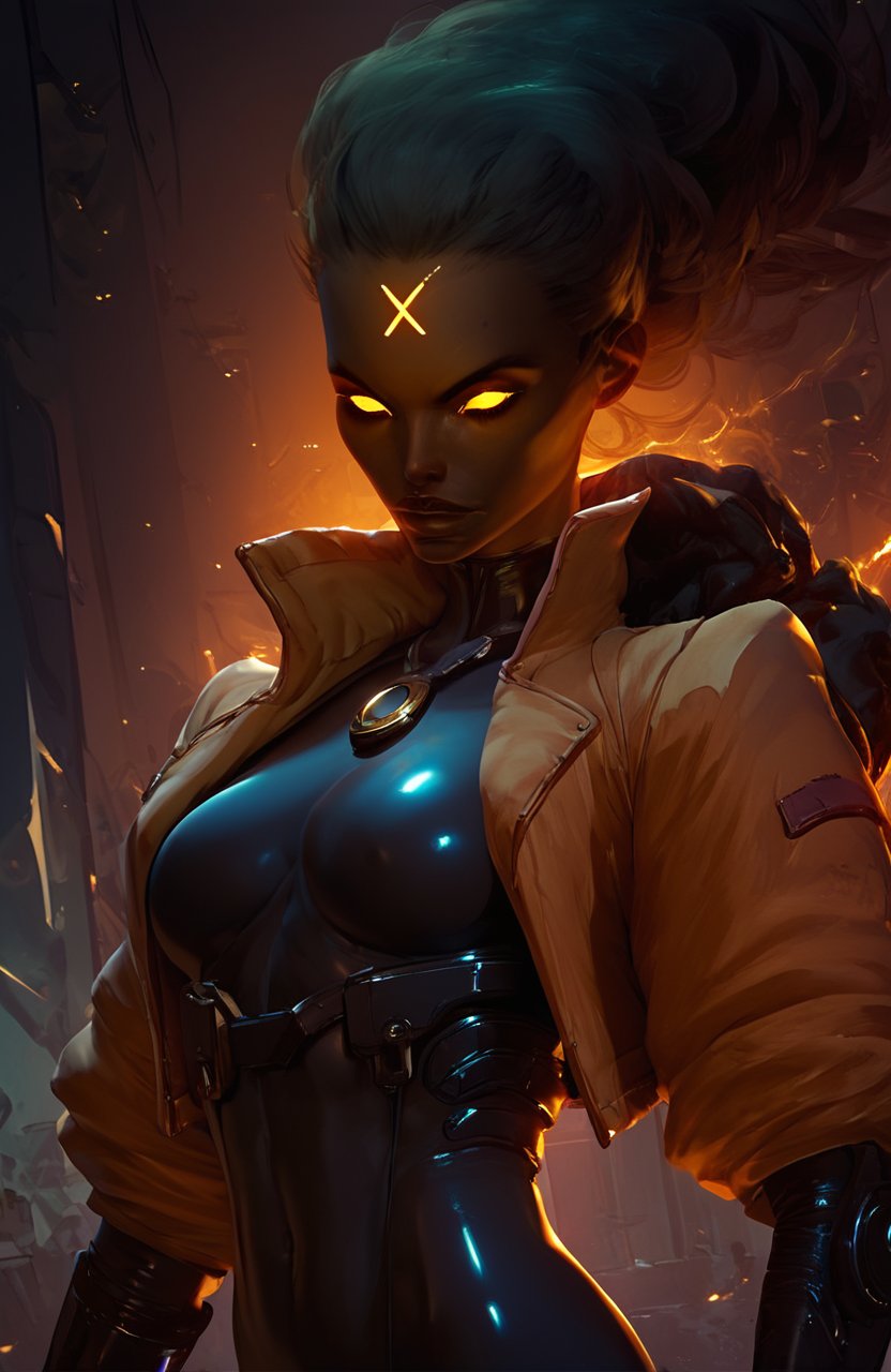 score_9, score_8_up, score_7_up,
beautiful haze_dl, 1girl, sexy, yellow eyes, glowing, dark skin, glowing eyes, bodysuit, female focus, jacket, thin and slender body, latex, 
<lora:cutesexyronutts_style_xl:0.8> <lora:Fant5yP0ny:0.5> <lora:Haze:0.9>
