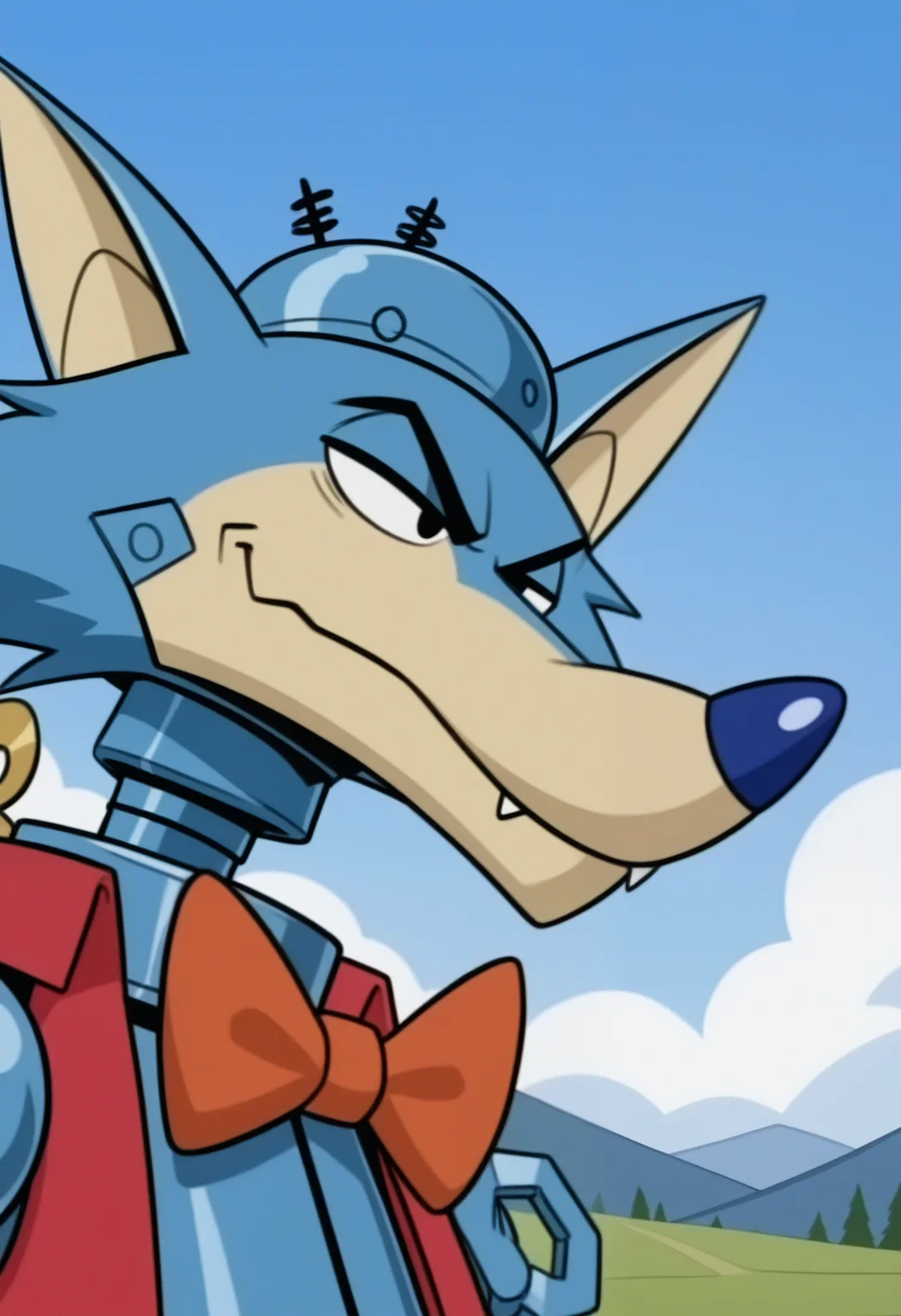masterpiece,best quality,amazing quality, 1boy, solo, WUw0lf, robot wolf, black eyes, red vest, red bow, winding key, close up, side angle, smirk, outdoors,