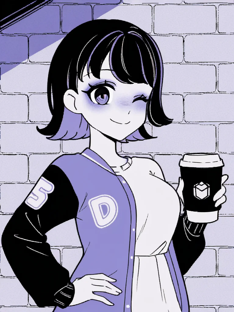 1girl, monochrome, purple theme,
medium hair, black hair, two tone hair, purple hair,
white t-shirt, varsity jacket,
brick wall,
standing, upper body,
smile, looking at viewer, wink, one eye closed, hand on hip, holding coffee cup, coffee cup,