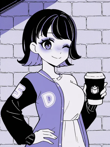 1girl, monochrome, purple theme,
medium hair, black hair, two tone hair, purple hair,
white t-shirt, varsity jacket,
brick wall,
standing, upper body,
smile, looking at viewer, wink, one eye closed, hand on hip, holding coffee cup, coffee cup,