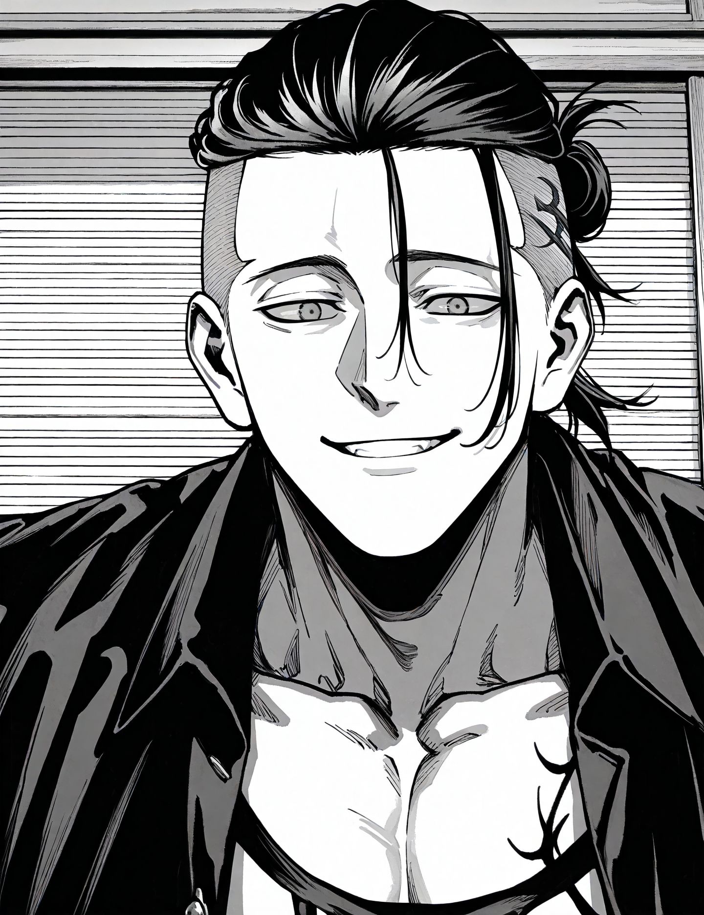<lora:add-detail-xl:0.5>,masterpiecebest quality,anime coloring,anime screenshot,
<lora:bouryokubannzai:1>bouryokubannzaiV1,
long bangs, tied back hair,
1boy,greyscale,male focus,
monochrome,solo,looking at viewer,
smile,
shirt,
b_yakuza,
long bangs,
tied back hair,