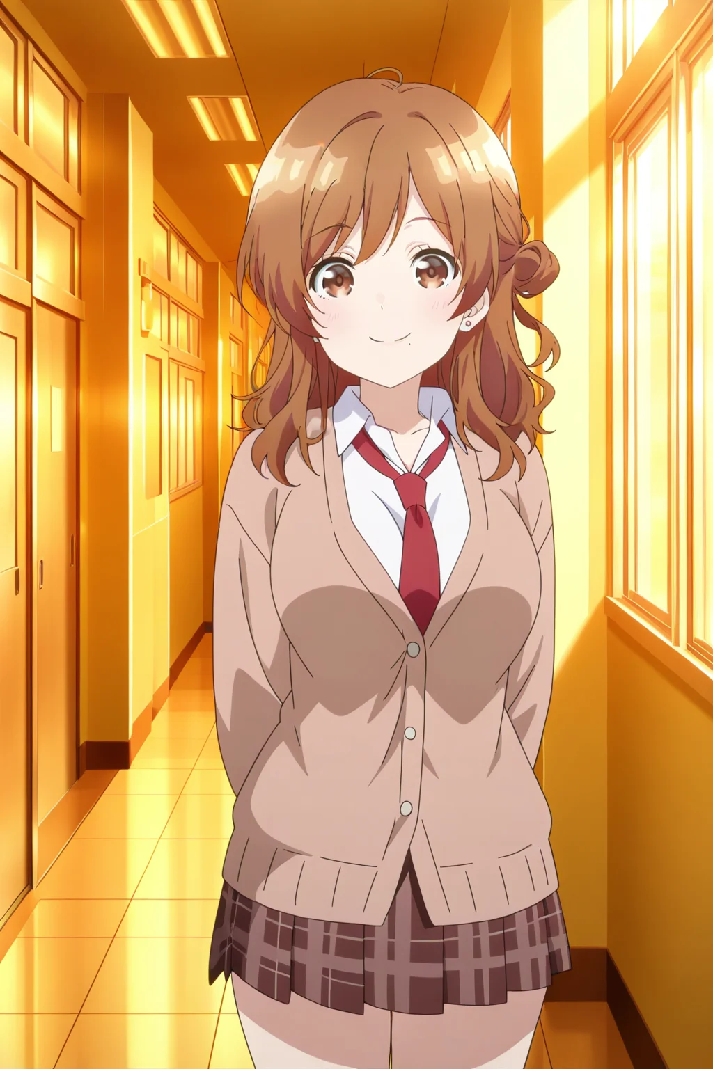 anime screenshot, izumi yuzu, 1girl, solo, brown hair, long hair, single side bun, brown eyes, mole under mouth, large breasts, school uniform, brown cardigan, white shirt, collared shirt, long sleeves, red necktie, brown skirt, plaid skirt, pleated skirt, earrings, looking at viewer, smile, cowboy shot, indoors, hallway, masterpiece, best quality, high quality, highres, absurdres, <lora:izumi_yuzu_ILXL:0.9>