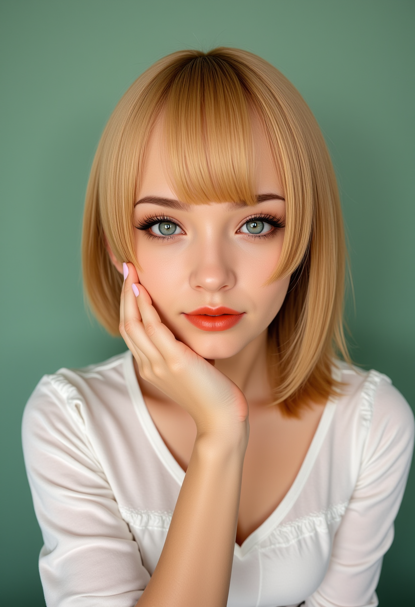 She is approximately 18 years old. Hyperrealism, she is looking at the camera, (dynamic angles), headshots of a beautiful, stunning unique female character. she has blonde hair. her eyes are filled with joy and excitement, extravagant eyelashes, a photo of a Samantha, she is wearing a white frilly shirt. The woman is posing confidently. simple sage green colored background. She has a slight smile on her face and is looking directly at the camera. making this image a masterpiece of photography and digital art. realistic. making this image a masterpiece of photography and digital art. Style: realistic hyper-detailed rendering, 32k UHD, expressive eyes, punk, graphic design, girl's face, pretty and cute, gleaming lips, telling a tale of adventure. Exuding confidence and serenity. The overall mood of the image is happy and relaxed,detailed skin texture,(blush:0.2),(goosebumps:0.3),subsurface scattering,whimsical,Detailed hand, Perfect hand. Perfection style.