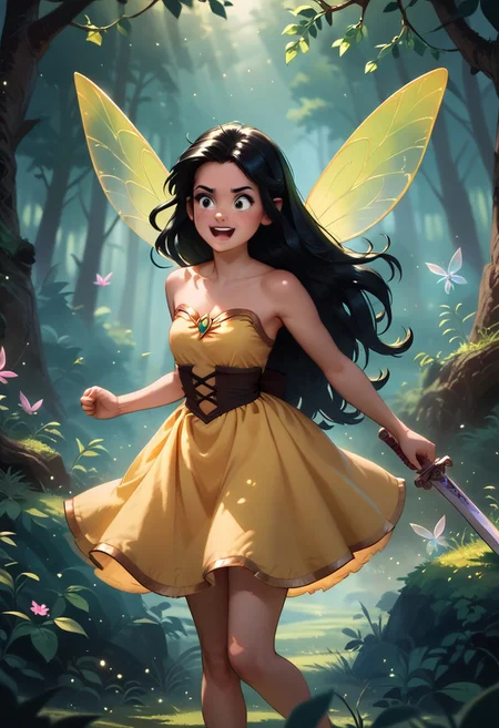 score_9, score_8_up, score_7_up, score_6_up, score_5_up, score_4_up masterpiece, high quality, a girl fighting a giant rat in a magical forest, wooden sword and shield in hand,cute, black long hair, yellow dress,Fairy Wings , j_huiben, source_cartoon