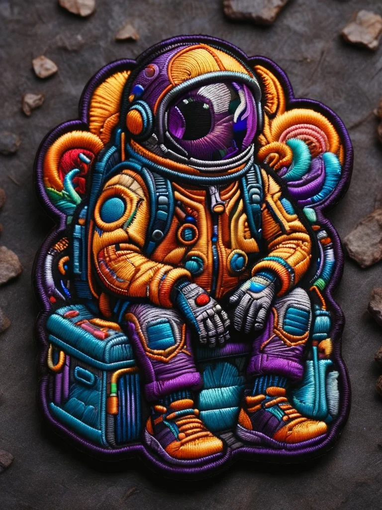 (((masterpiece))),(((best quality))),((ultra-detailed)), style of Pixar, a sad spaceman sitting on the street in Homeless,dark,night,depth of field,cityscape, <lora:ral-embroideredpatch:1> ral-embroideredpatch, purple and yellow gradient background