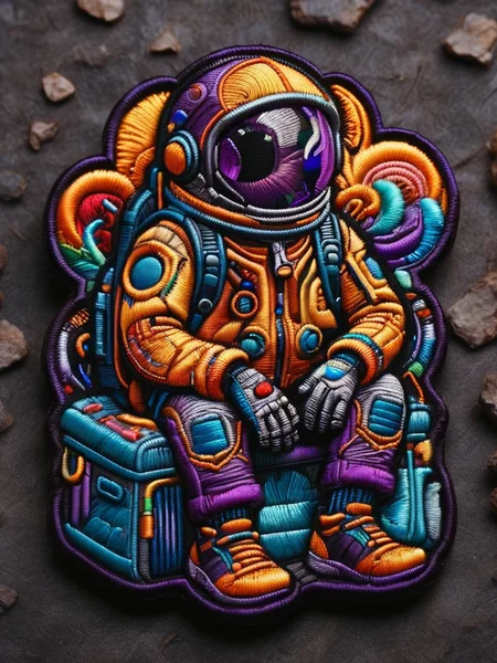 (((masterpiece))),(((best quality))),((ultra-detailed)), style of Pixar, a sad spaceman sitting on the street in Homeless,dark,night,depth of field,cityscape, <lora:ral-embroideredpatch:1> ral-embroideredpatch, purple and yellow gradient background