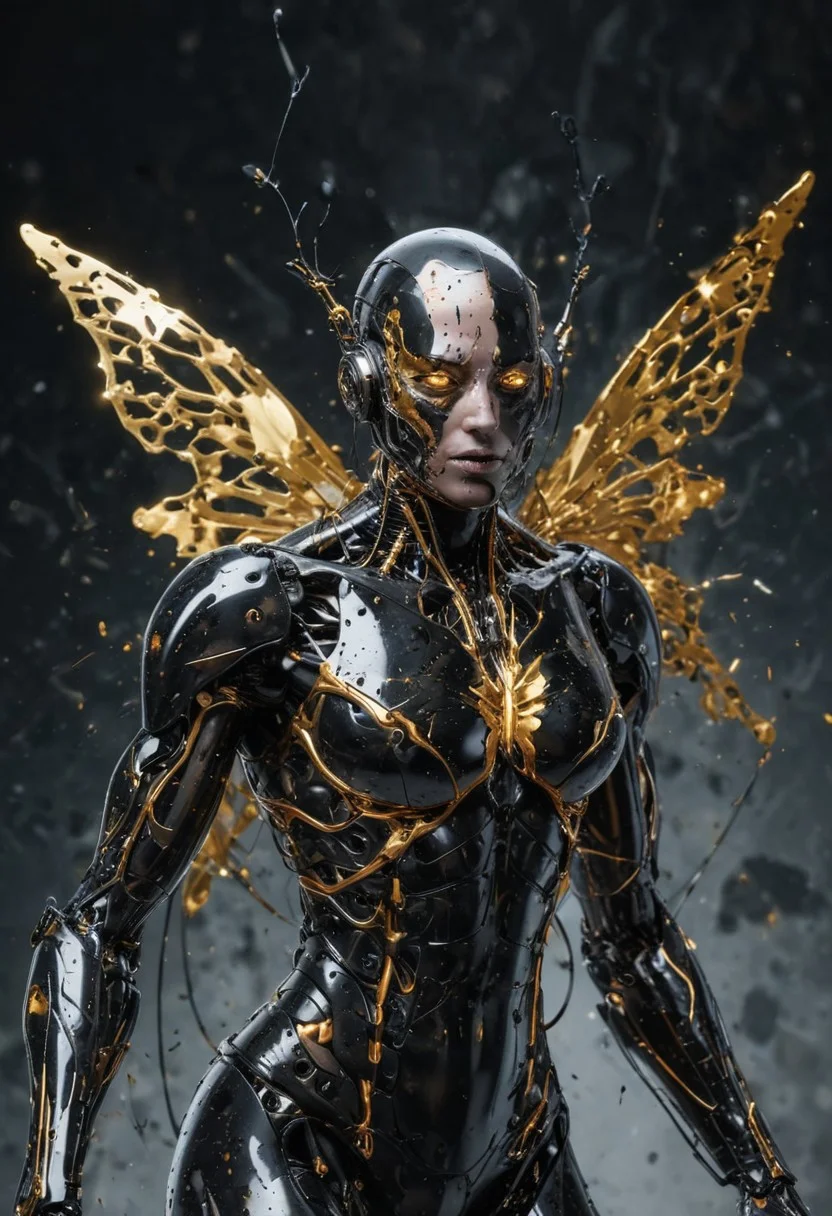 cyborg, black oil splatter,  is flying through a void of butterfly, golden plated cables everywhere, glass, black everywhere
 everywhere, electric everywhere, easynegative, 
ng_deepnegative_v1_75t