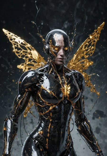 cyborg, black oil splatter,  is flying through a void of butterfly, golden plated cables everywhere, glass, black everywhere
 everywhere, electric everywhere, easynegative, 
ng_deepnegative_v1_75t