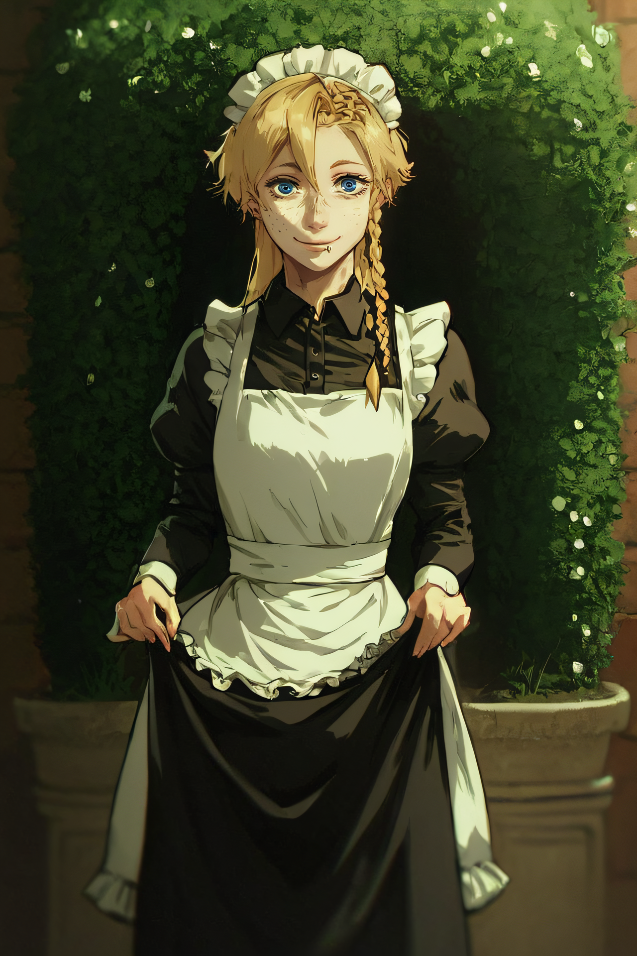 score_9,score_8_up,score_7_up, looking at viewer,
mary, 1girl, solo, long hair, blue eyes, blonde hair, braid, side lip piercing, freckles,
maid, maid headdress, apron, black dress, skirt hold, smile, garden, standing,
<lora:sinfully_stylish_SDKL:0.8> <lora:Expressive_H:0.5> <lora:1dkXLP:0.5> <lora:Mary_Steinberg-11:1>