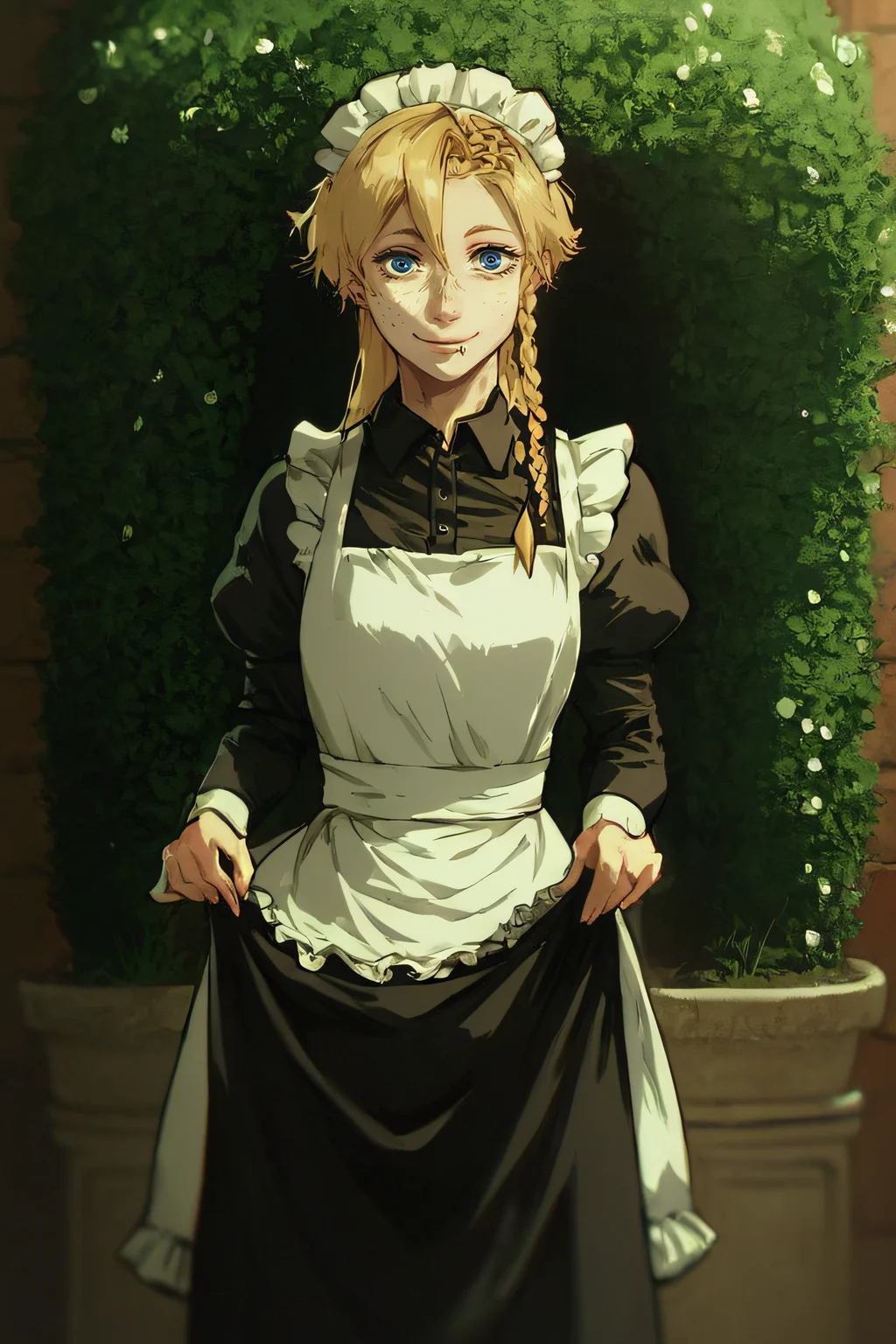 score_9,score_8_up,score_7_up, looking at viewer,
mary, 1girl, solo, long hair, blue eyes, blonde hair, braid, side lip piercing, freckles,
maid, maid headdress, apron, black dress, skirt hold, smile, garden, standing,
<lora:sinfully_stylish_SDKL:0.8> <lora:Expressive_H:0.5> <lora:1dkXLP:0.5> <lora:Mary_Steinberg-11:1>