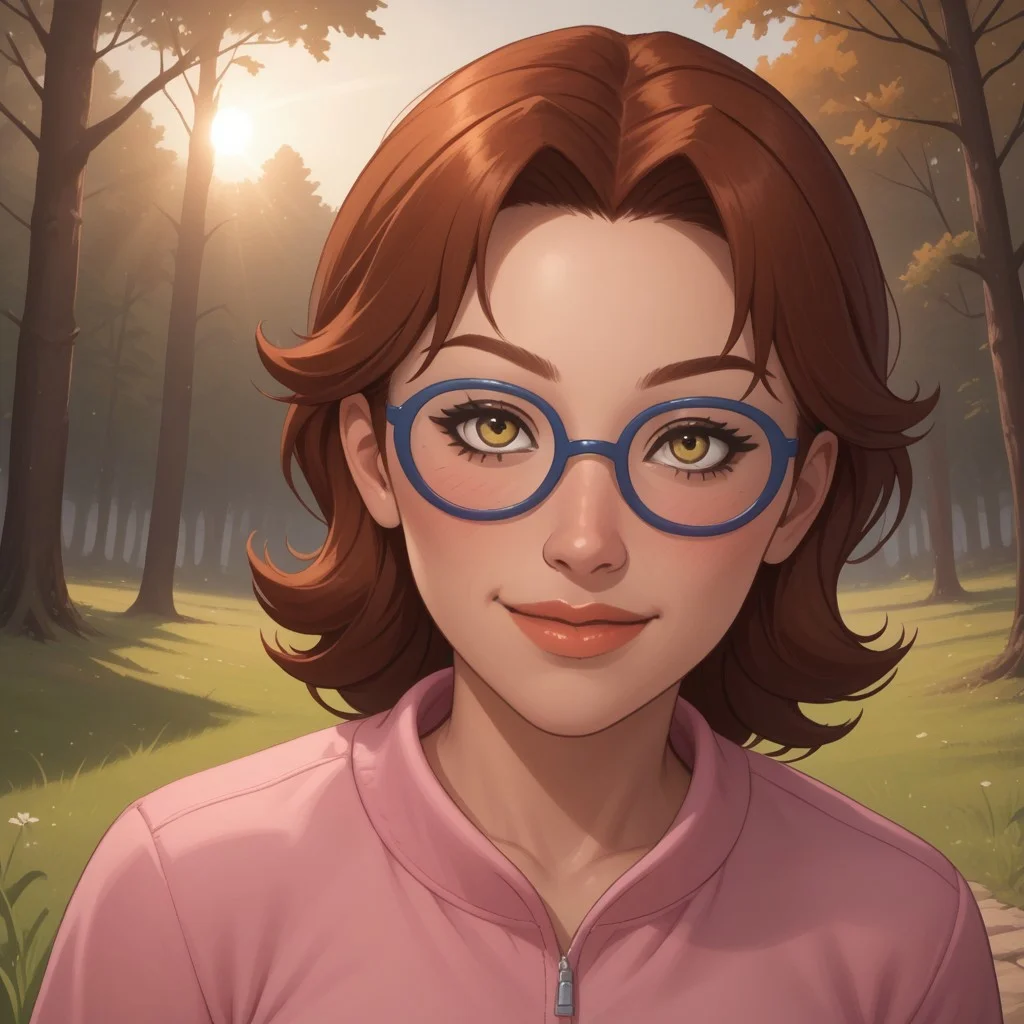 score_9, score_8, BREAK, solo, wii, mii, wii sports, 1girl, female mii, dark yellow eyes, blush, dark red hair, dark red eyebrows, lips, blue glasses, pink clothing, white pants, shoes, cute, nintendo mii, modern_mii, classic_mii, breasts, helen_(\wii_sports\), sexy pose, smile, outdoors, sunlight, shadows, evening lighting, natural lighting, forest, trees, grass, orange sky, sunset
