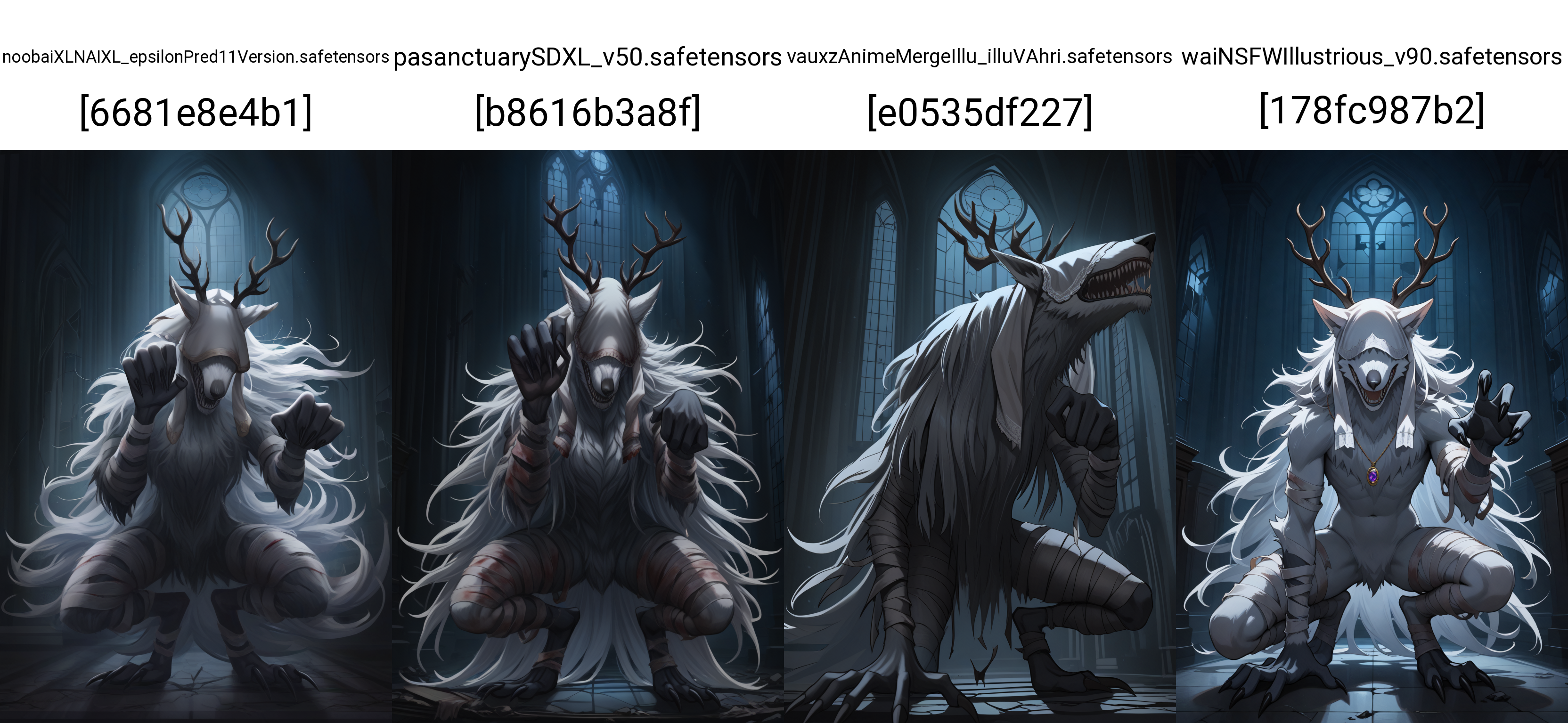 masterpiece, best quality, newest, hdr, dark, night, indoors, church, broken window, alter, 1ma1v0r, amulet, antlers, white bandages, bandaged arm, bandaged leg, claws, digitigrade, monster, sharp teeth, fangs, snout, white veil over eyes, covered eyes, werewolf, white fur, white hair, long hair, no humans, 
paw pose
<lora:Vicar Amelia:1>
