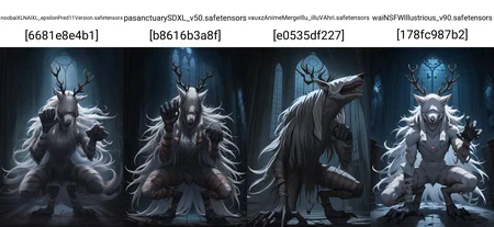 masterpiece, best quality, newest, hdr, dark, night, indoors, church, broken window, alter, 1ma1v0r, amulet, antlers, white bandages, bandaged arm, bandaged leg, claws, digitigrade, monster, sharp teeth, fangs, snout, white veil over eyes, covered eyes, werewolf, white fur, white hair, long hair, no humans,
paw pose
<lora:Vicar Amelia:1>