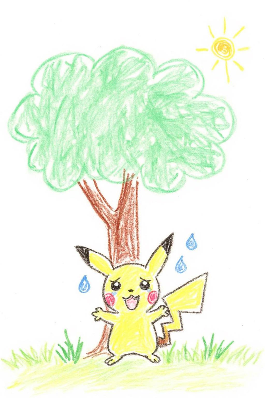 This is a colorful, whimsical drawing, depicting a simple, childlike illustration.
Pikachu crying, large tear drops on his face, under a green tree <lora:5yocrayon1_cap_d6a3e12:1.0><lora:822104990400171227:0>