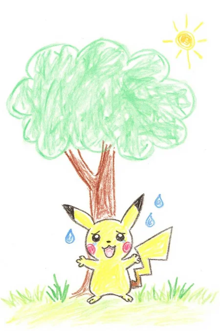 This is a colorful, whimsical drawing, depicting a simple, childlike illustration.
Pikachu crying, large tear drops on his face, under a green tree <lora:5yocrayon1_cap_d6a3e12:1.0><lora:822104990400171227:0>