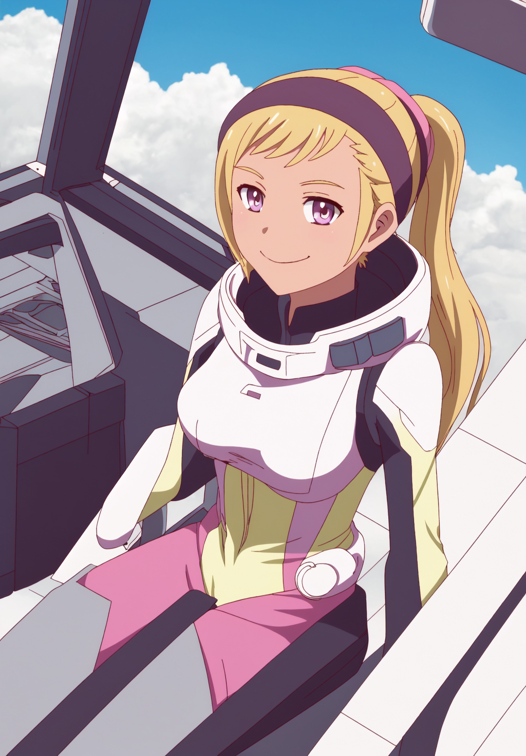 <lora:Quitterie_Raffaeli:0.8>, Quitterie_Raffaeli, 1girl, solo, closed mouth, ponytail, pilot suit, cockpit, smile