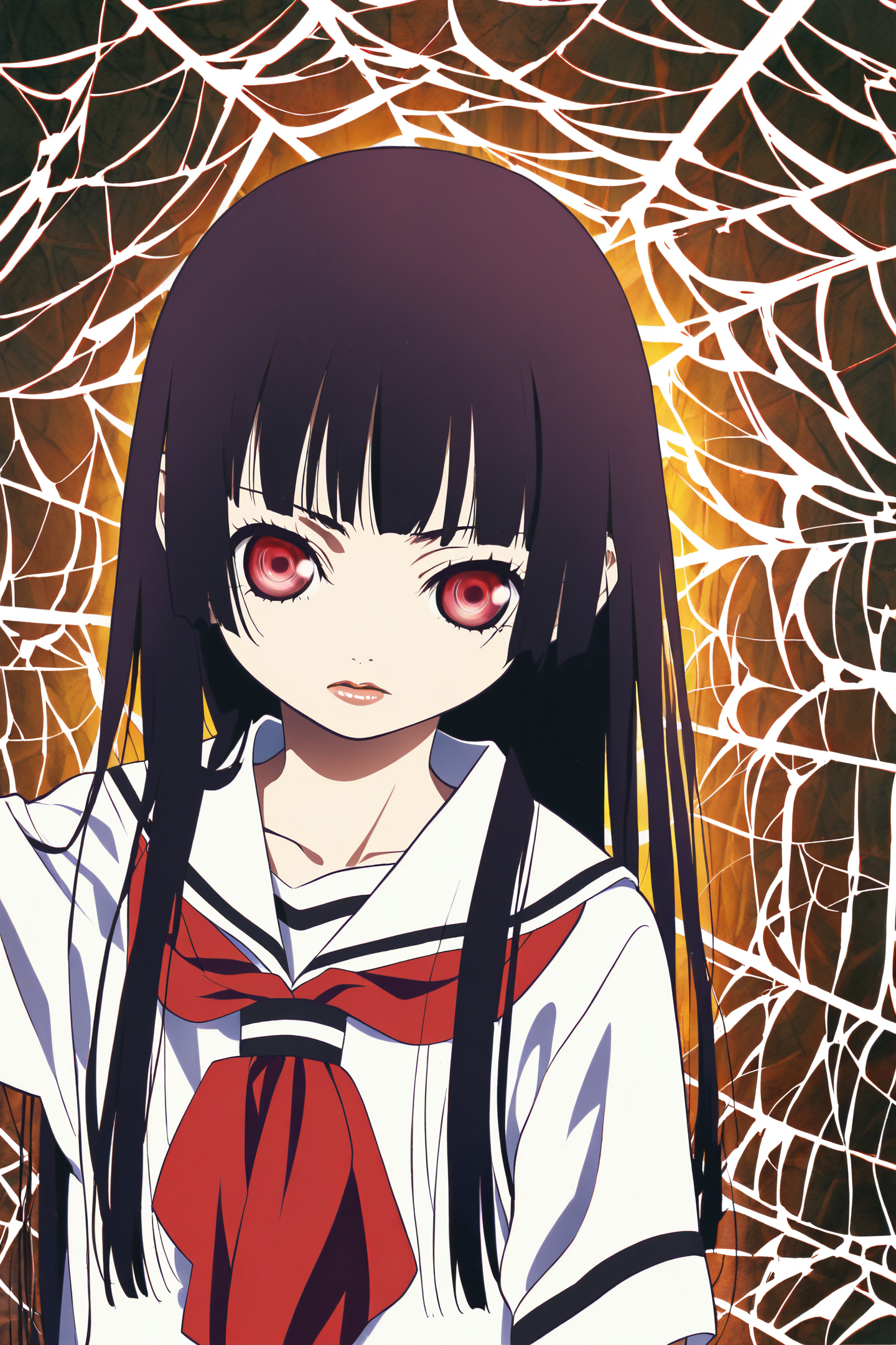 Enma Ai,1girl,solo,school uniform,black hair,serafuku,hime cut,silk,long hair,spider web,white serafuku,red eyes,blunt bangs,bangs,
<lora:JigokuShoujo_XL_v2:0.8>,