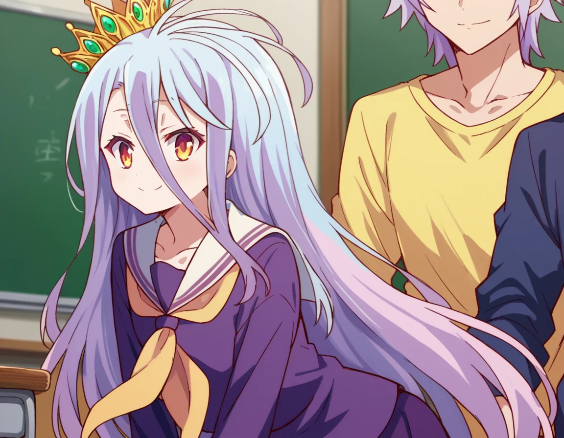 score_9, score_8_up, score_7_up, source_anime,
ngnlshiro, <lora:ngnl-shiro-s1-ponyxl-lora-nochekaiser:1>
shiro, long hair, hair between eyes, very long hair, white hair, messy hair, yellow eyes,
crown, shirt, long sleeves, school uniform, serafuku, sailor collar, neckerchief, white sailor collar, yellow neckerchief,
indoors, classroom, bent over, smile,
looking at viewer, dutch angle, cowboy shot