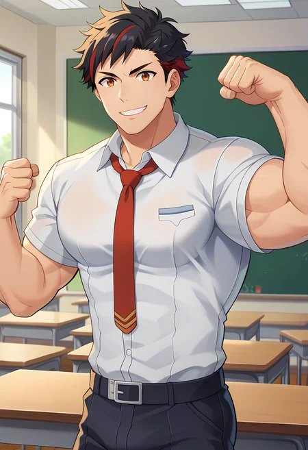 <lora:V2 CartoonyMen:1>, <lora:Tetora_Nagumo:0.5@0,0.8@0.6>, score_9, score_8_up, score_7_up, 1boy, solo, male focus, flexing, masculine, (Cartoony), black hair, multicolored hair, red hair, streaked hair, brown eyes, nagumo, school uniform, necktie, pants, plump pecs, male breasts, perfect proportions, perfect anatomy, smile, manly, handsome, macho, hunk, masculine, anime, BREAK
detailed background, indoors, classroom