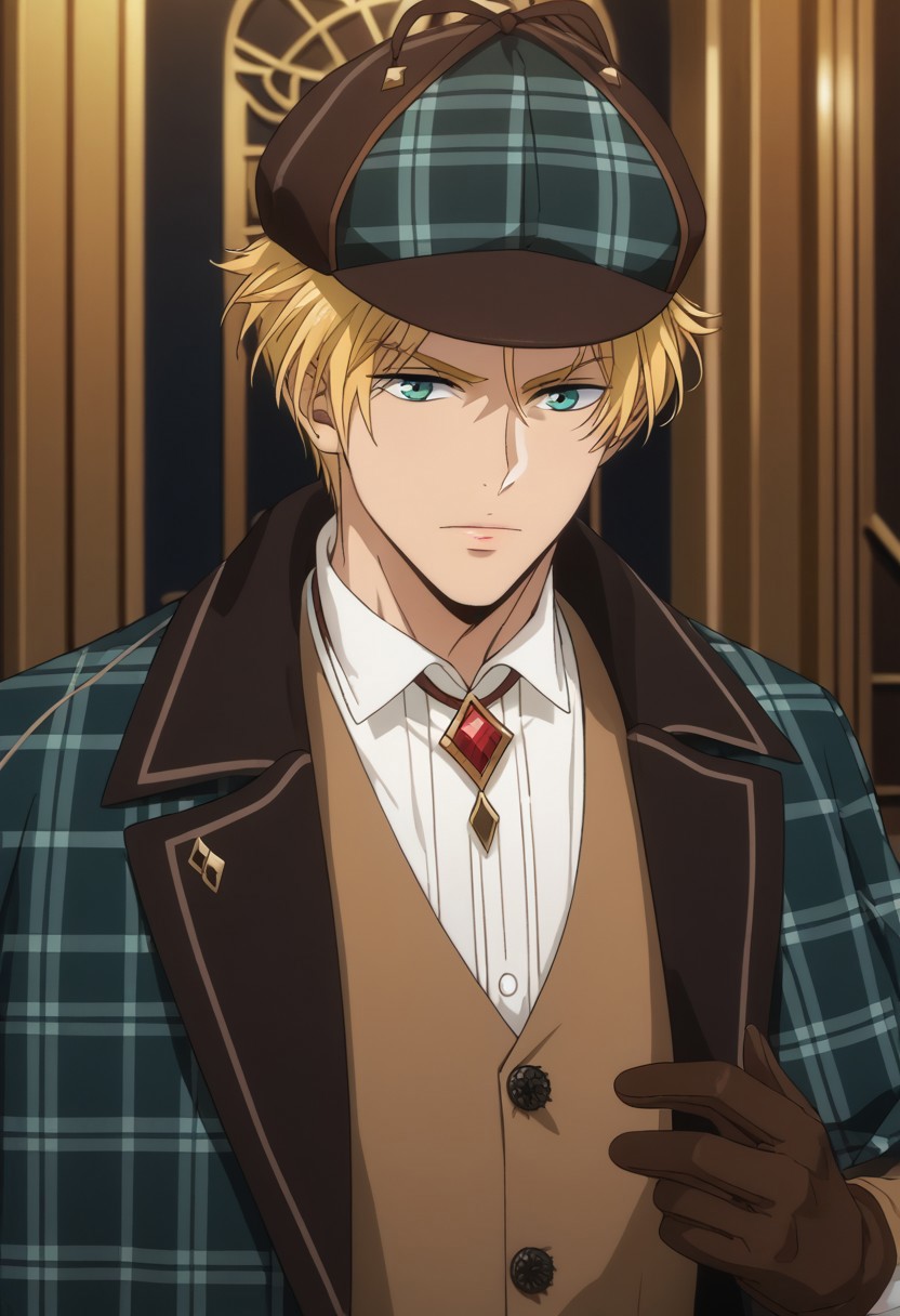 score_9, score_8_up, score_7_up, source_anime, rating_safe, Satobey, 1boy, male focus, anime screencap, plaid green hat, plaid green coat, red diamond necklace, brown vest, white shirt, dark brown gloves, hand with five fingers,