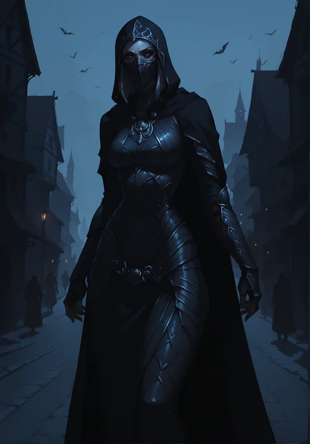score_9, score_8_up, score_7_up, score_6_up, dark theme, low light,lowlight, moonlight, 1girl,n1ghtinga1e,armor, dynamic pose,hood, curvy body, mask, <lora:n1ghtinga1e_armor:0.9>, medieval city street, outdoors, <lora:NAI3 Smooth Boys Low Light Style LoRA_Pony XL v6:0.8> <lora:NoctFlatStyleV4:0.5>