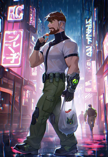 masterpiece, best quality, amazing quality, very aesthetic, absurdres, newest,,
  ben10k, brown hair, male focus, facial hair, beard, short hair, mustache, mature male, muscular, green eyes, white shirt, green cargo pants, utility belt, turtle neck,  full facial hair,, two-tone hair, black gauntlet on right arm, fingerless gloves, strip on shirt,
night city, walking, grocery bags, holding plastic bags, rainy night, heavy rain, side view, cyberpunk city, stores, neon lights