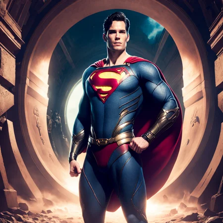 photo, superman (thnos:0.5) standing in front of, a tunnel (BaroqueWarrior style:1) (ToweringPortal style:0.8) <lora:djzToweringPortalV21:0.8> <lora:thanos1521768Lora_sd21768:0.4>