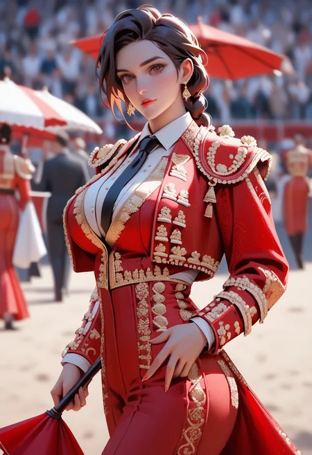 score_9, score_8_up, score_7_up, tr4j3, 1girl,  large breasts, red and gold traje, shirt, necktie, torso twist, looking at viewer, earrings, holding umbrella, closed umbrella,  Madrid sidewalk, single braid, jewelry, earrings, blurry background, people in background,<lora:traje_PNY_Panache:1>