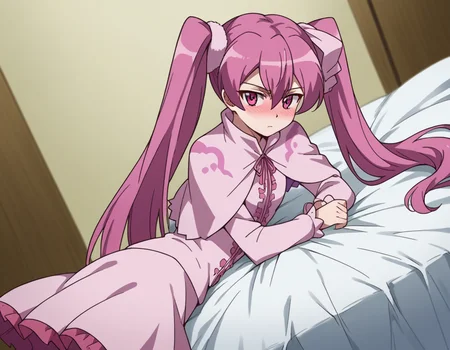 score_9, score_8_up, score_7_up, source_anime,
agkmine, <lora:agk-mine-s1-ponyxl-lora-nochekaiser:1>,
mine, long hair, twintails, pink hair, pink eyes,
dress, pantyhose, pink dress, capelet, pink capelet, pink skirt, skirt, long sleeves,
indoors, bed, bed room, on side, blush, drunk,
cowboy shot, solo, dutch angle, looking at viewer,