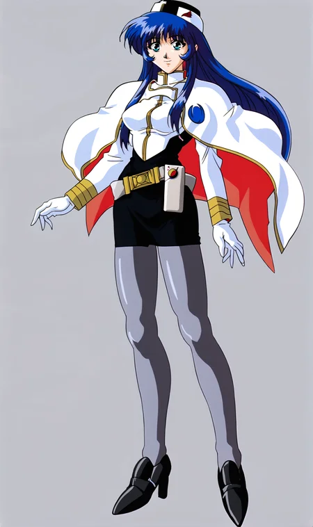 YM, 1girl, solo, blue hair, long hair, aqua eyes, white military uniform, long sleeves, capelet, hat, belt, black skirt, pantyhose, shoes, white gloves, full body, looking at viewer, smile, simple background, grey background, retro artstyle, <lora:Yurika Misumaru Pony XL:1>