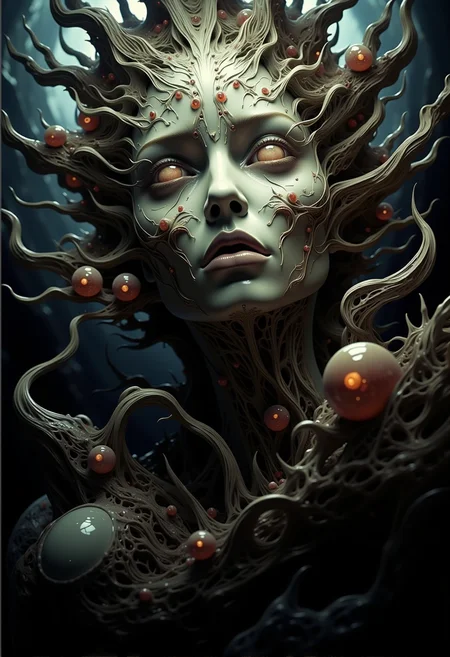 bv-mychorwo, mycelium, horror,. A close-up of a mycelium-infused humanoid with hollow, glowing eyes filled with a malevolent, ancient hunger, their face twisted in an unnatural expression frozen by fungal control, covered in skeletal growths piercing through the flesh, captured in haunting, claustrophobic ambiance that makes the creature appear almost alive, surrounded by swarms of spores glowing with a sickly, otherworldly luminescence| A full-body shot of a bio-mechanical fungus deity with writhing vines resembling exposed veins, pulsating unnervingly, standing in a dystopian, decayed city overrun by an intelligent, aggressive mycelium, featuring organic, wet surfaces that glisten with rot and corruption, rendered as a grim, hyper-detailed digital painting| A surreal fungal entity resembling a monstrous creature of mycelium with twisted, skeletal branches that extend like the fingers of a vengeful spirit, set against an alien landscape dominated by hostile, predatory fungi, depicted with iridescent, glistening highlights reflecting off its slimy, decayed surface, inspired by bio-mechanical horror reminiscent of Gigerâs monstrous designs} , <lora:bv-mycelium-horror-world-v1.safetensors:1.0:1.0>