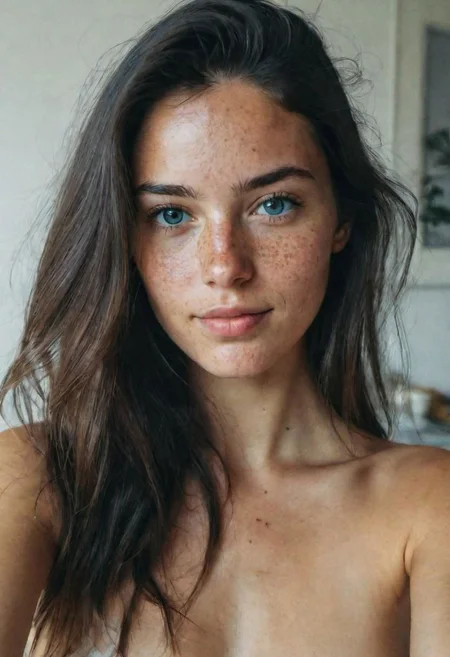 instagram selfie , a 23 year old gorgeous woman , slight smile , detailed skin face and eyes , natural lighting , at home , long hair, topless , film grain, low contrast, natural face , freckles , black hair , blue eyes, dark circles under eyes