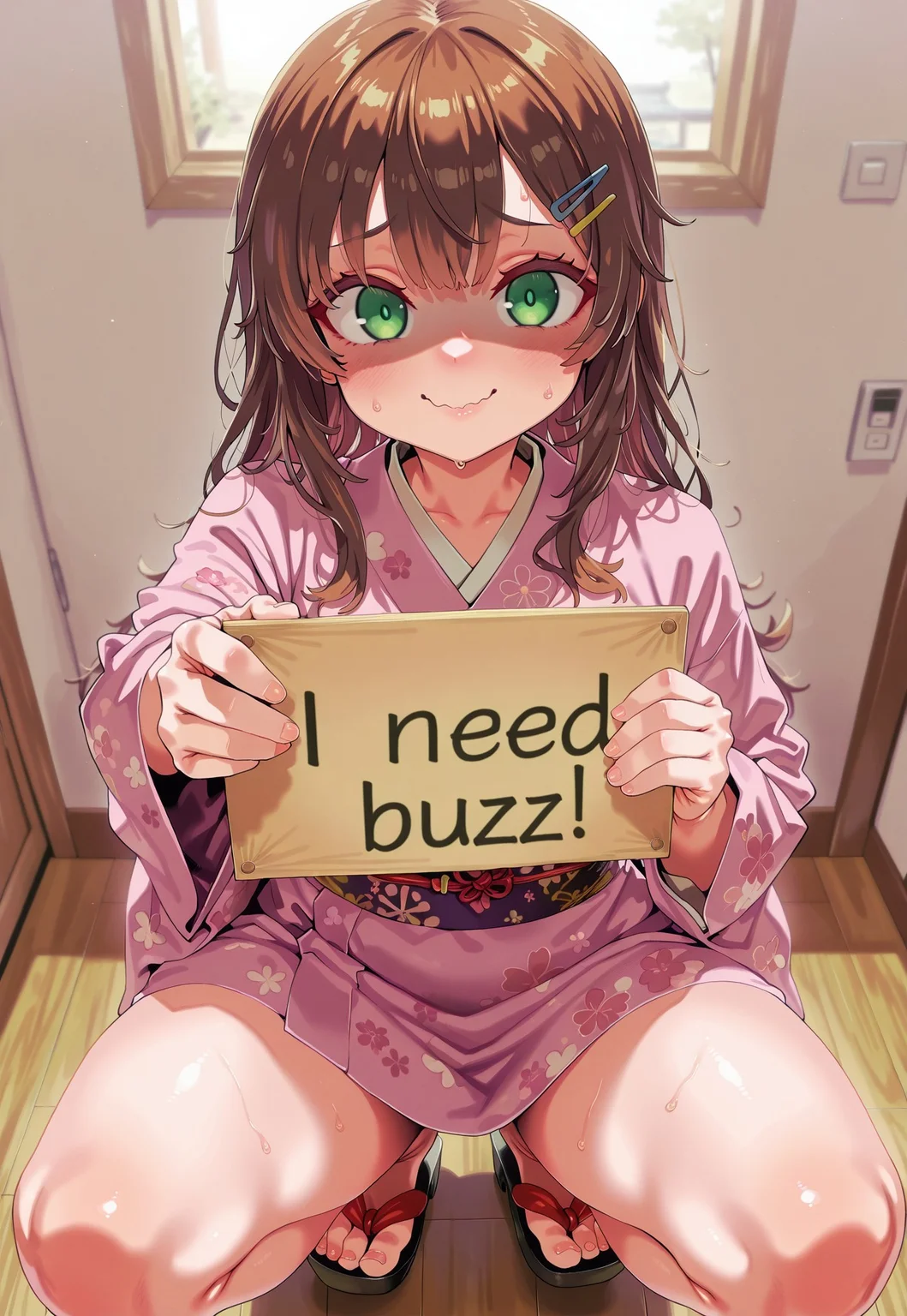fox ears, kitsune girl wearing kimono, solo, (holding fan with one hand), (hand and fan behind her body), ((need_buzz)), (holding sign with another hand), shaded face, fake smile, nervous sweat, wavy mouth, green eyes, brown hair, japanese hair clip, long hair, single side lock, squatting, looking at viewer, ((8k, Ultra HD)), (foreshortening:2), depth of field, ((Detailed background :1.5)), ((Masterpiece)), ((Best quality)), ((Detailed)), amazing quality, very awa, highres, absurdres, anime, contrapposto, artist:asanagi, from above,