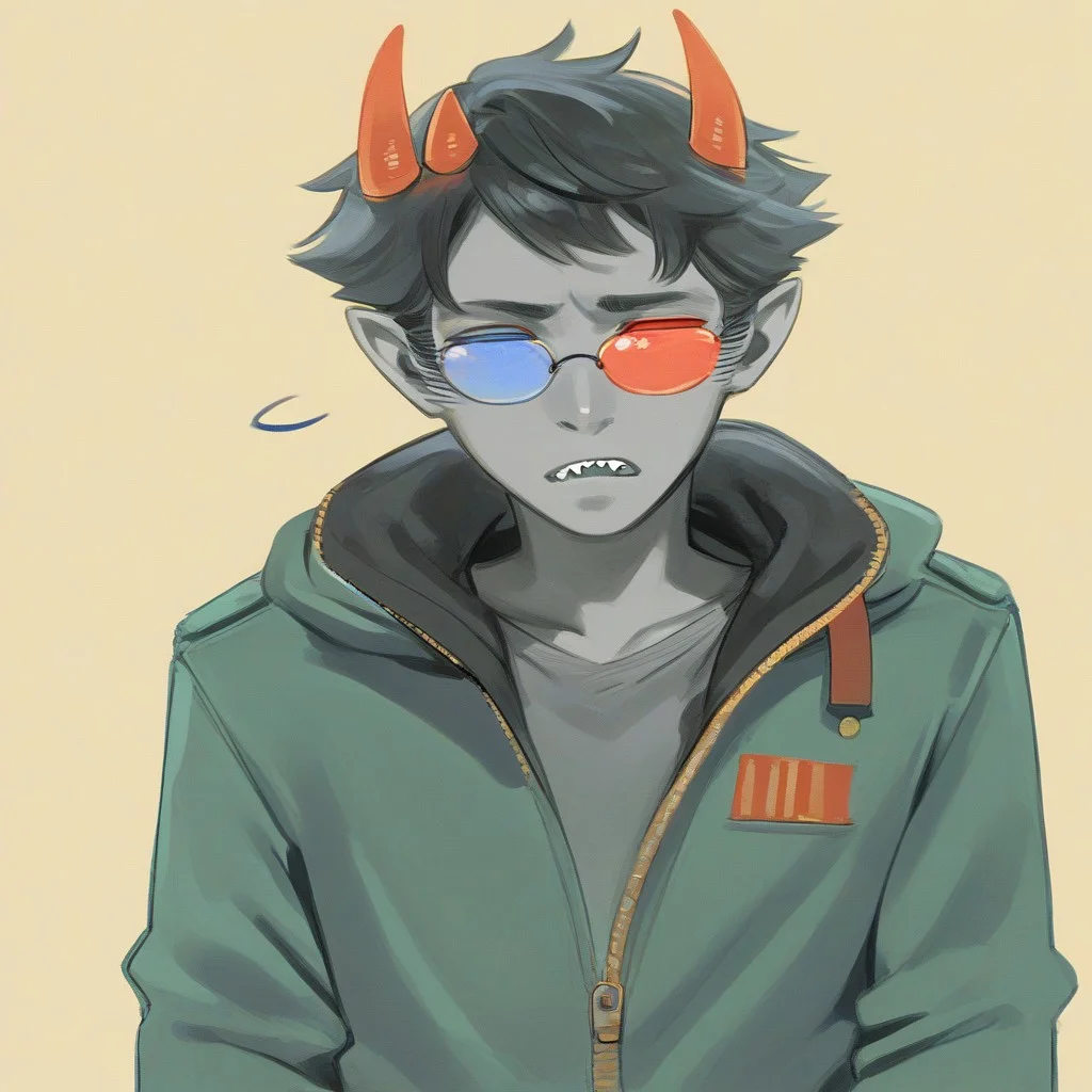 black outlines, dutch angle, masterpiece, best quality, score_9, score_8_up, score_7_up, score_6_up, score_5_up, high detail, Sollux Captor, grey skin, four horns, sunglasses, sunglasses, red and blue eyes, army jacket, unzipped jacket, green jacket, grey shirt, collared shirt, blue pants, long sleeves, male focus, standing, monochrome, from front, frontal view, straight point of view, cowboy shot, sad face, shocked face, closed mouth, sharp teeth, no pupils, looking at viewer, solo, solo focus, Expressiveh, light background, dark shadows, chibi, slight open mouth