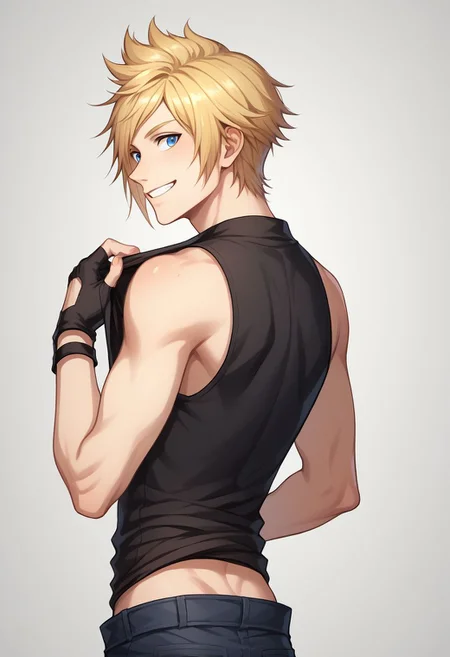 score_9, score_8_up, source_anime, highly detailed, 1boy, solo, male_focus, slender, skinny, upper body,
prompto, 1boy, male focus, solo, blue eyes, blonde hair, gloves, fingerless gloves, boots, freckles, shirt, sleeveless, shirt lift, smile, looking back, clothes lift, from behind, grin,
indoor,