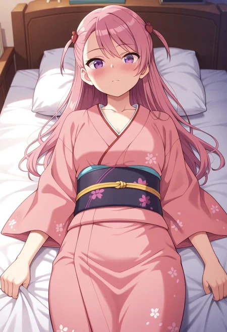 masterpiece,best quality,amazing quality,sakuramori maho, long hair, pink hair, purple eyes, 1girl, solo, lying, on back, pillow, two side up, looking at viewer, blush, kimono, bed, collarbone, indoors